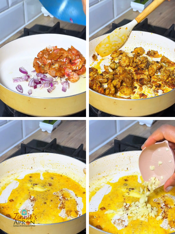 Step grid: simmering chicken-sauteing garlic