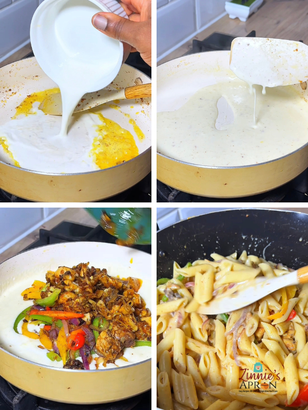 Step grid-pouring cream-adding-pasta-and-stirring