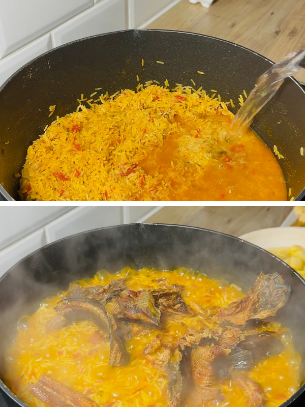 Smoked catfish placed in the same pan over chicken and rice, letting all flavors combine in a true one pan recipe