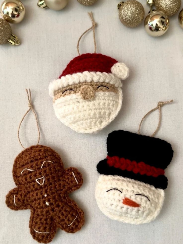 Adorable amigurumi crochet Christmas ornaments including trees and gingerbread characters