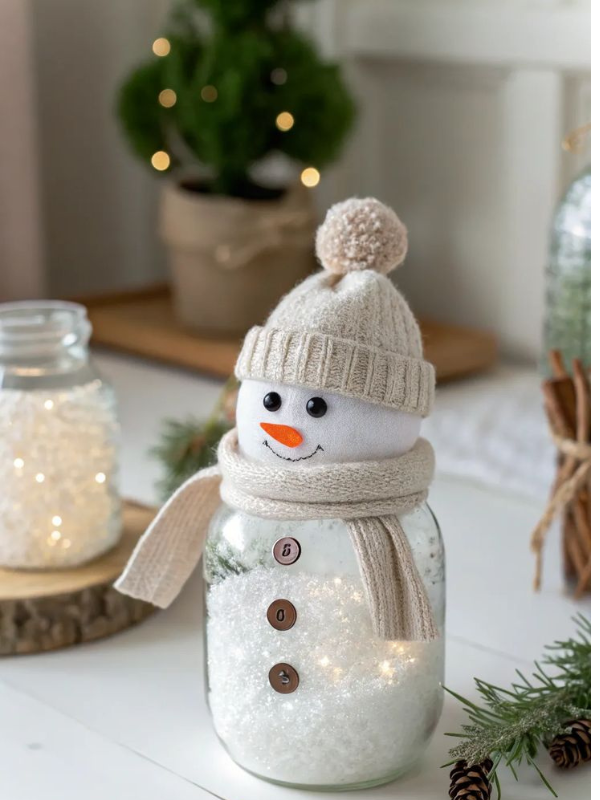 Mason jar painted as a snowman with felt scarf and button details, glowing with tea light