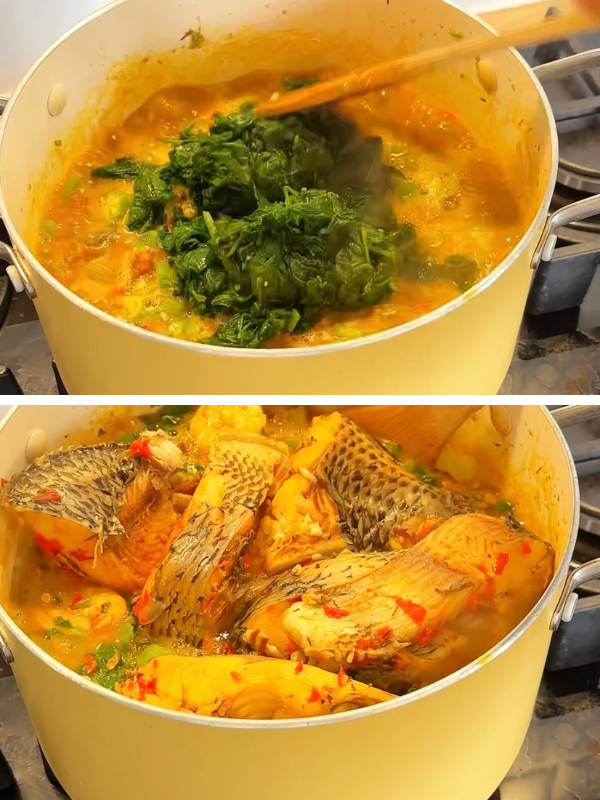 Adding cooked fish and vibrant spinach 