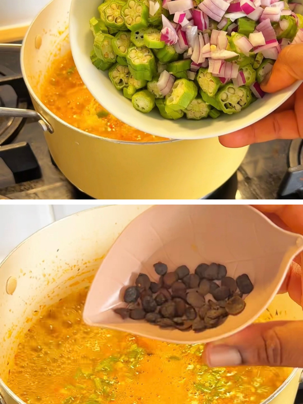 Stirring fresh grated okro and palm oil into soup