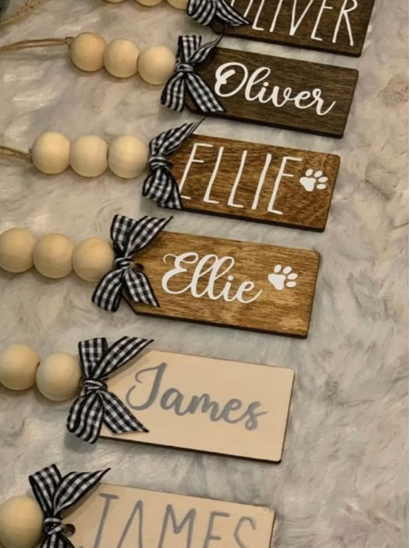 Hand-painted personalized wood Christmas ornament with farmhouse ribbon, perfect for diy christmas crafts 