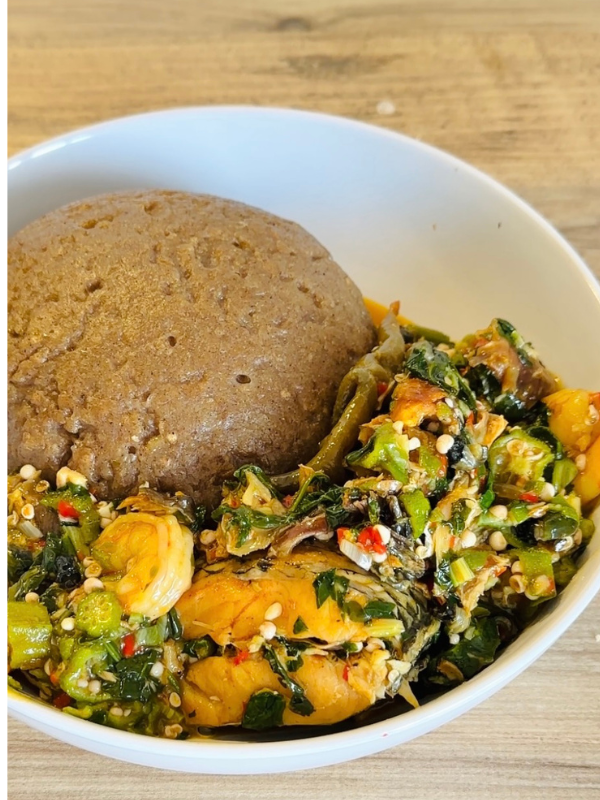  Hot okro soup served with eba and pounded yam for the perfect Nigerian meal