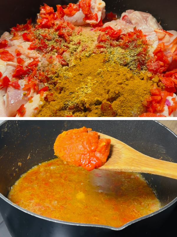  step 1 : seasoning chicken pieces in a single pot with thyme, curry powder, and red chili pepper
