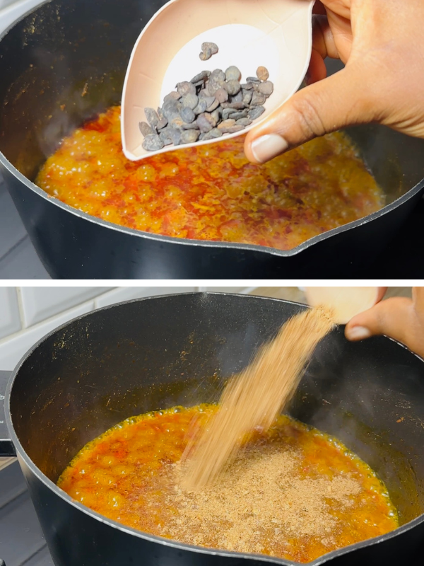 Building the flavor for one pan chicken and rice—chicken broth, palm oil, locust beans, and crayfish simmering together in one pot