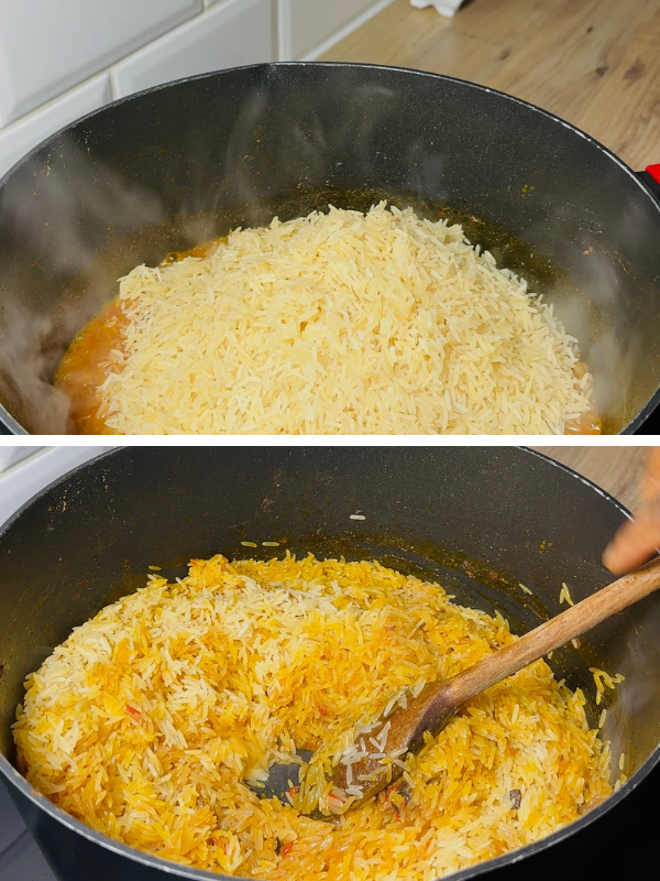Washed rice added directly to broth ensuring all grains soak up juicy flavors