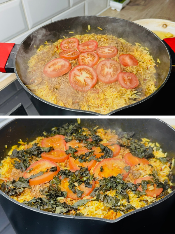 Finishing with chopped scent leaves and tomatoes added for freshness and aroma