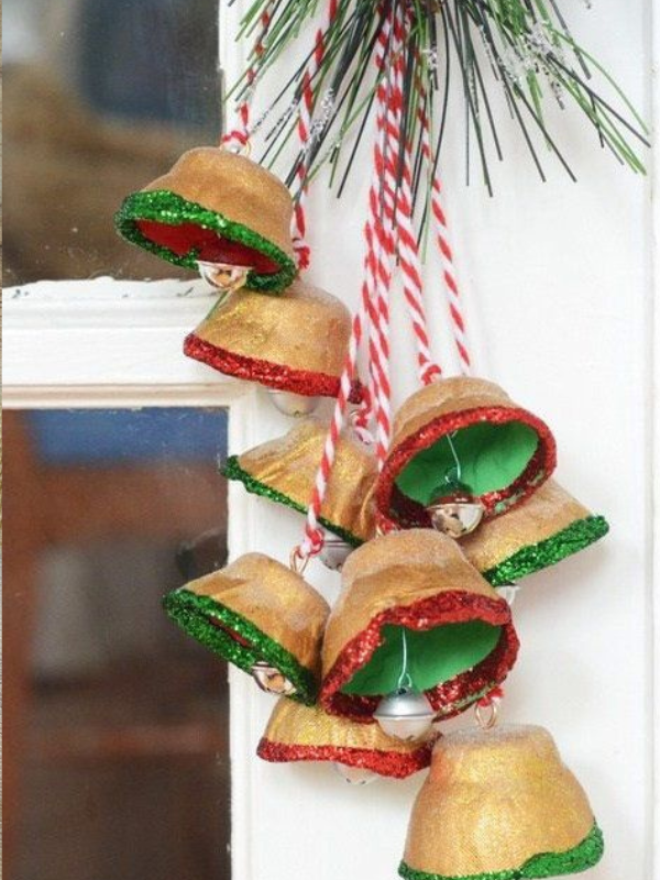  Upcycled egg carton cups transformed into colorful jingle bell Christmas ornaments as diy Christmas crafts