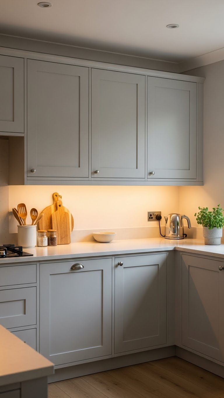 A modern kitchen featuring soft gray matte cabinets paired with warm ambient lighting