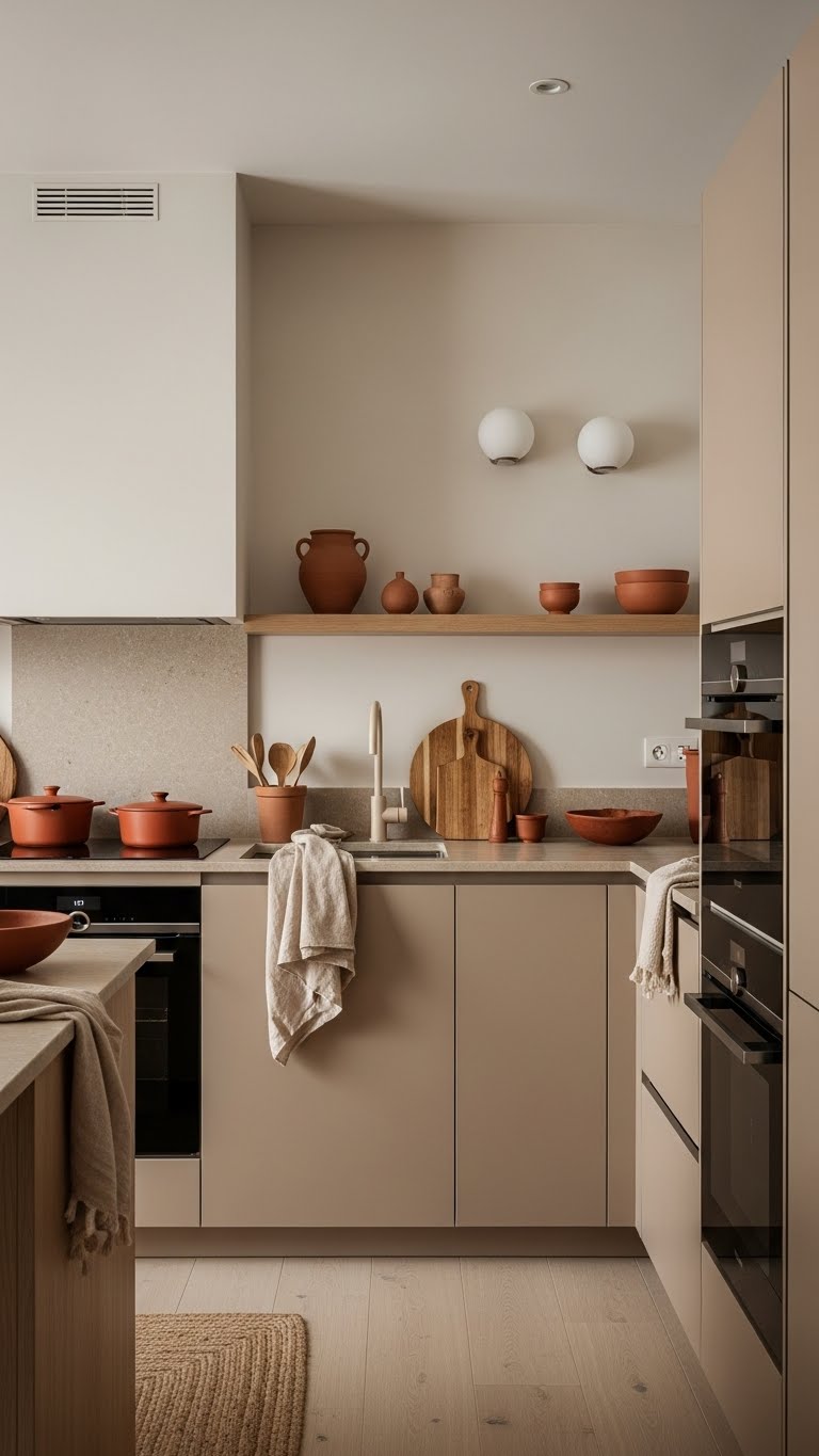 A modern kitchen featuring soft gray matte cabinets paired with warm ambient lighting