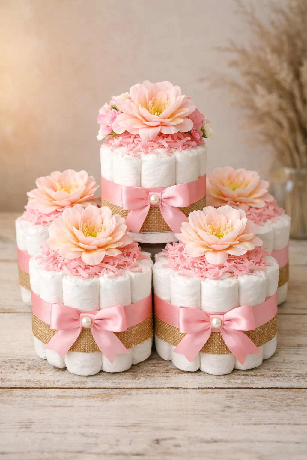 Diaper Roll Display baby shower centerpieces