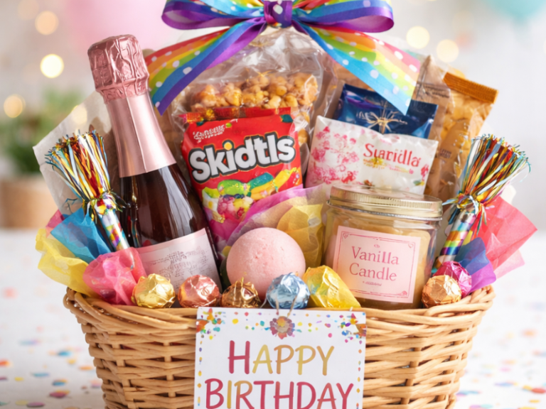 small birthday basket filled with goodies