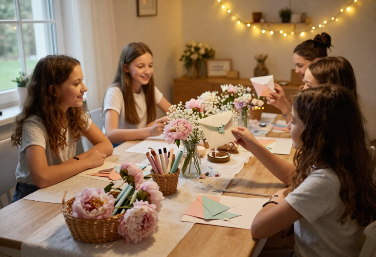 Teen girls laughing around a decorated table at a spring craft night party