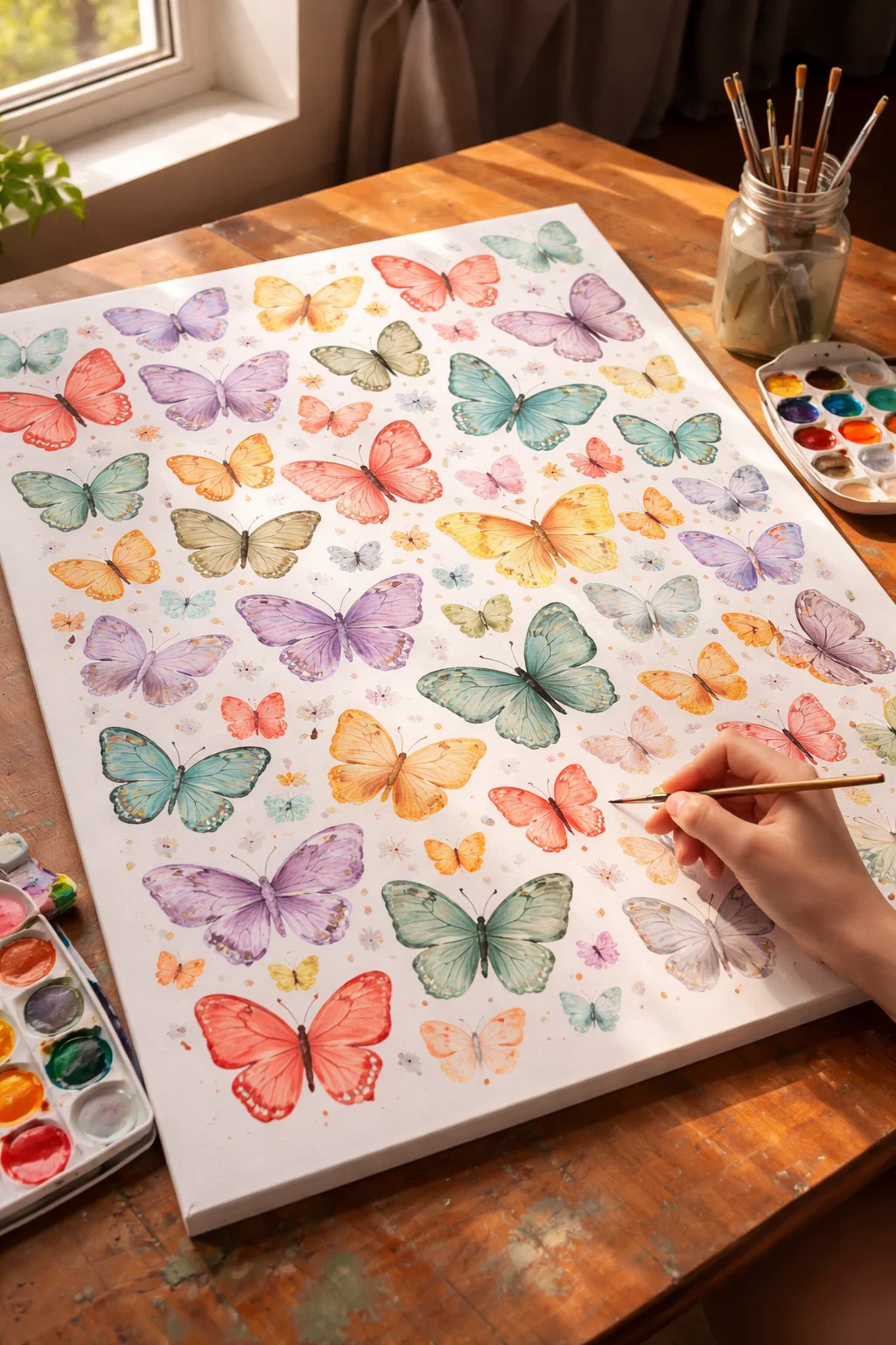 Large canvas filled with colorful hand painted butterflies from a teen girls craft night