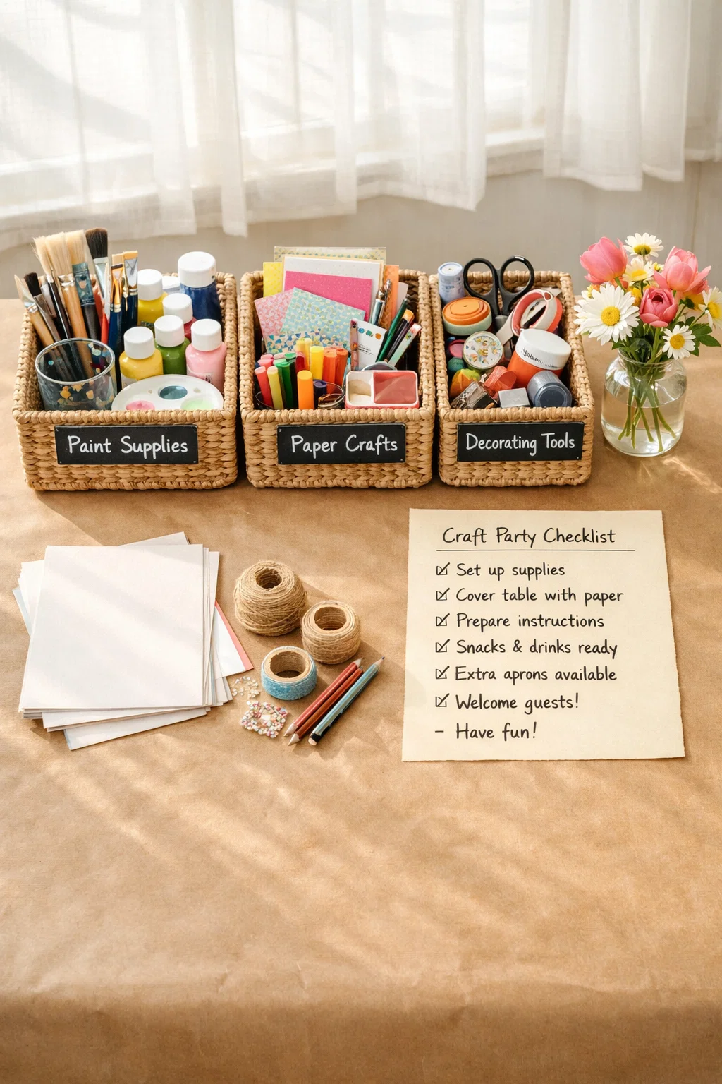 Organized craft night supply baskets and checklist prepared before teen girls arrive