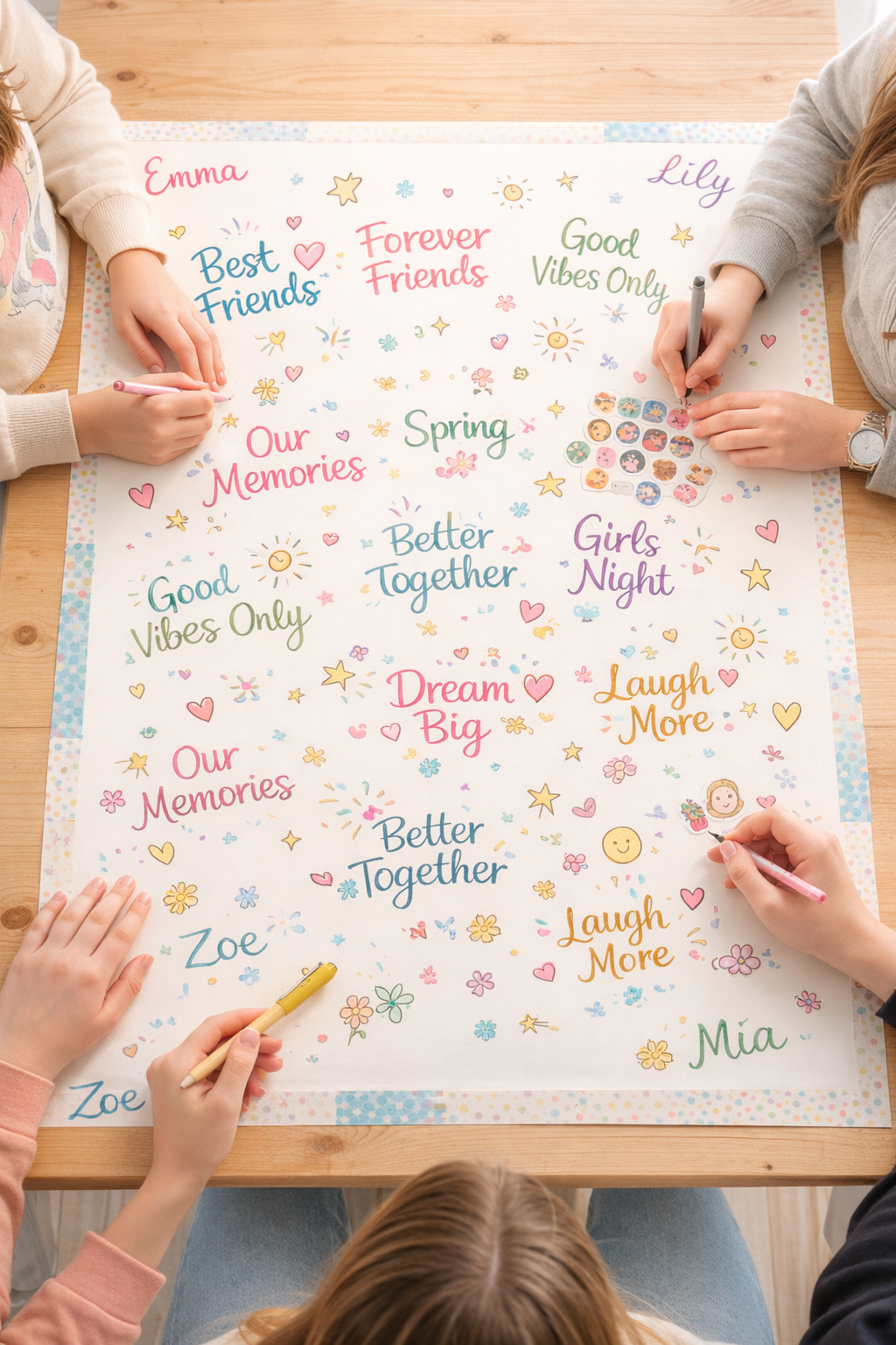Teen girls adding drawings and notes to a colorful friendship memory map poster