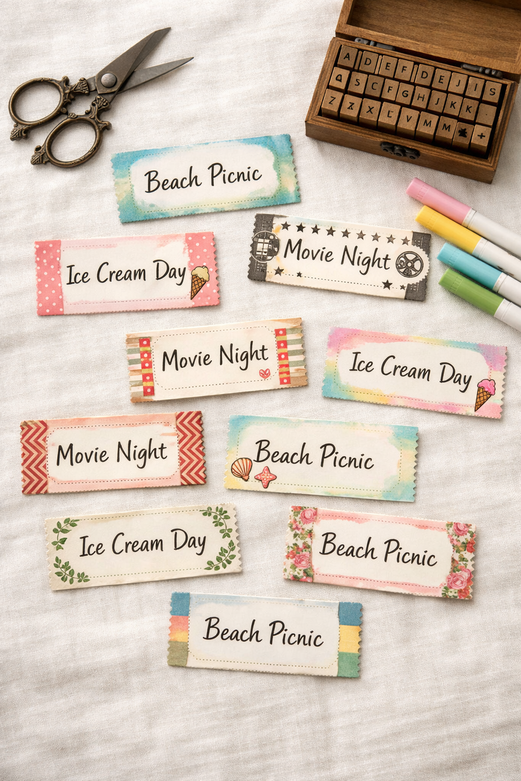  Handmade decorated adventure tickets spread on a white linen surface for teen craft night