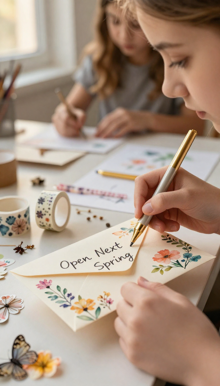 Teen girl decorating a spring themed envelope for a future letter craft activity