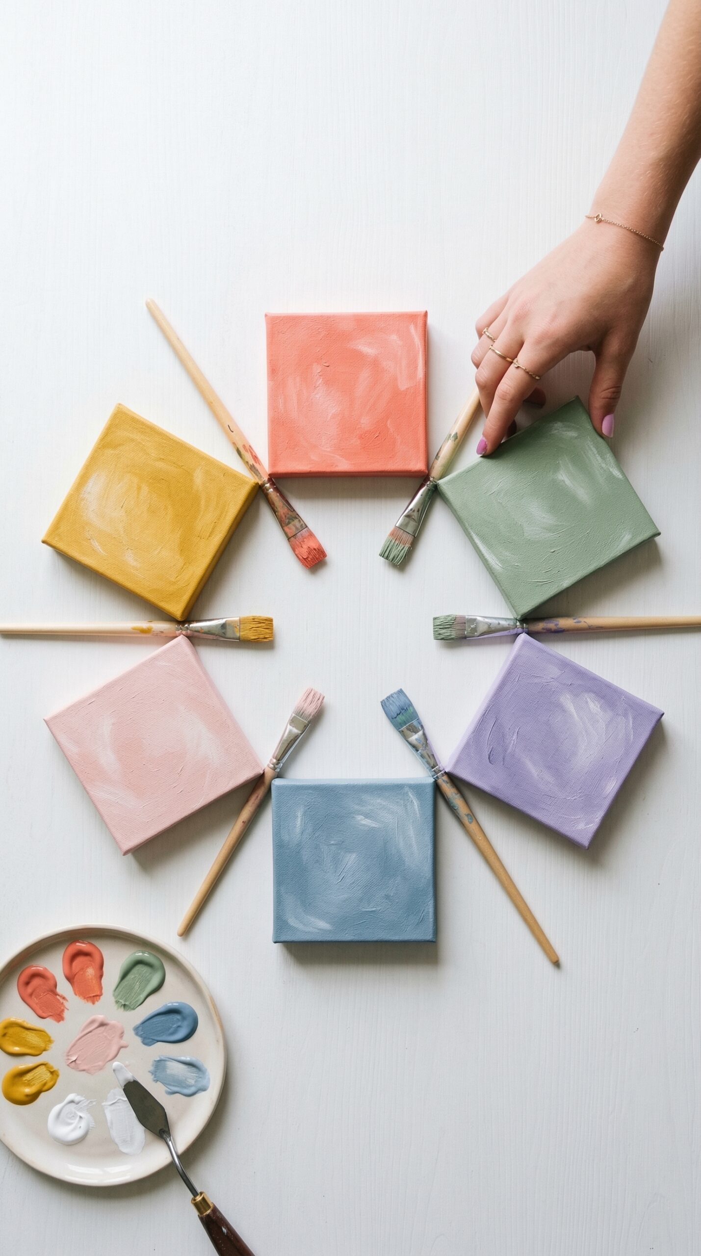 Six small pastel mini canvases arranged from a mystery color painting craft activity