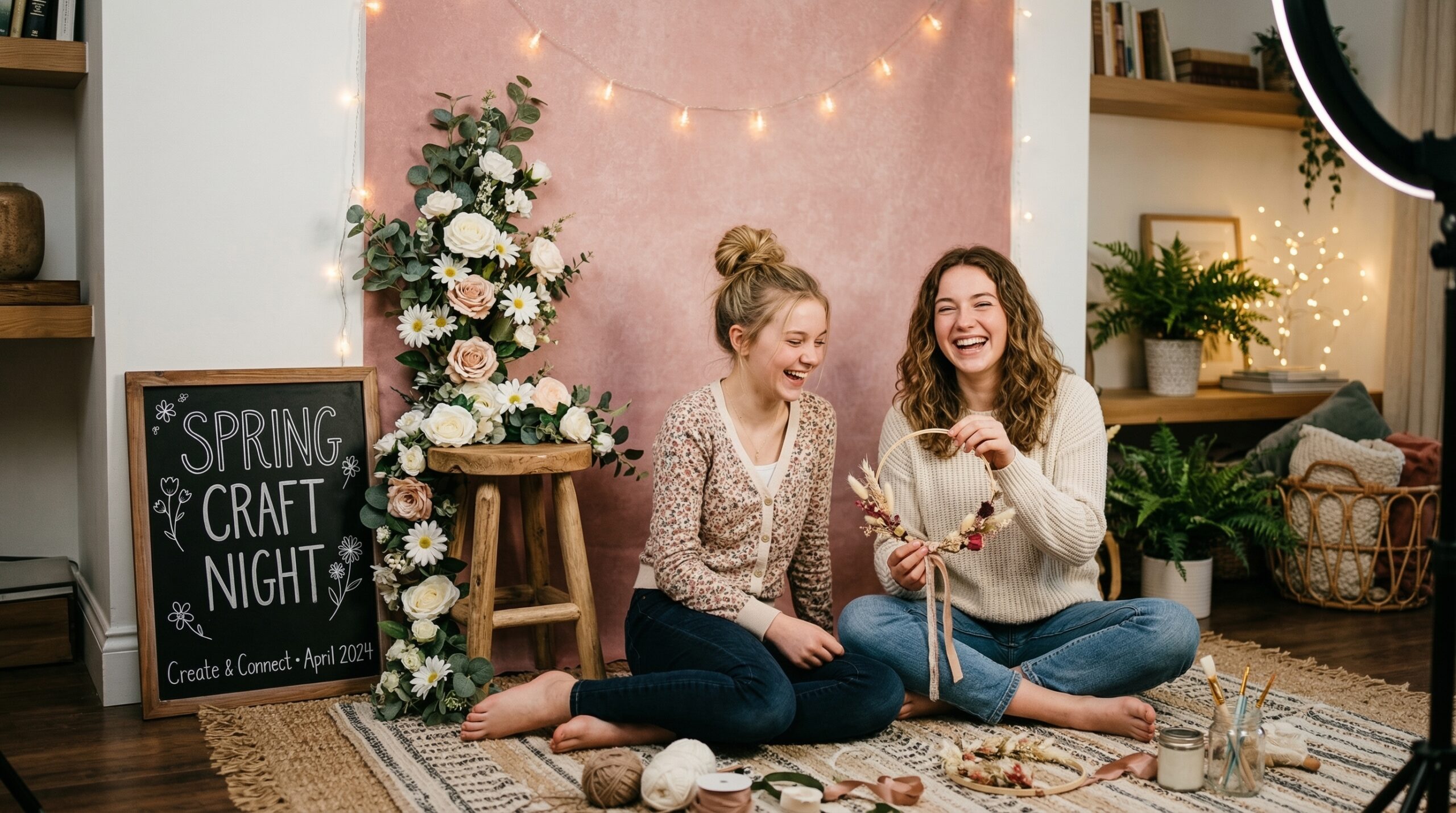 Cozy spring craft night photo corner with floral backdrop and chalkboard sign 