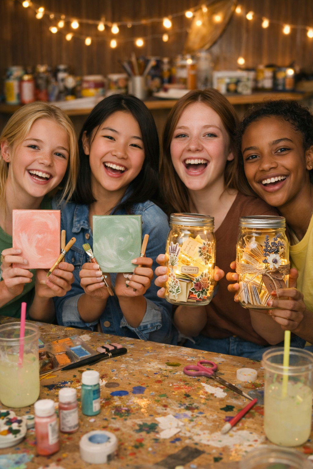 Four teen girls laughing and holding up finished crafts at a spring craft night party