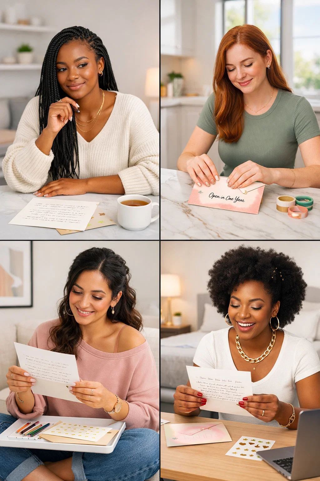 Four diverse modern women each visible in their own contemporary home setting on a virtual craft night video call simultaneously writing decorating and reading letters to their future selves