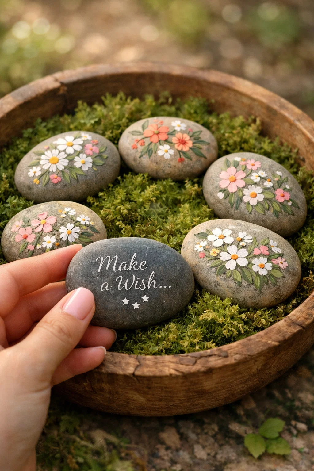 Painted spring wildflower wish stones arranged on green moss in a wooden bowl