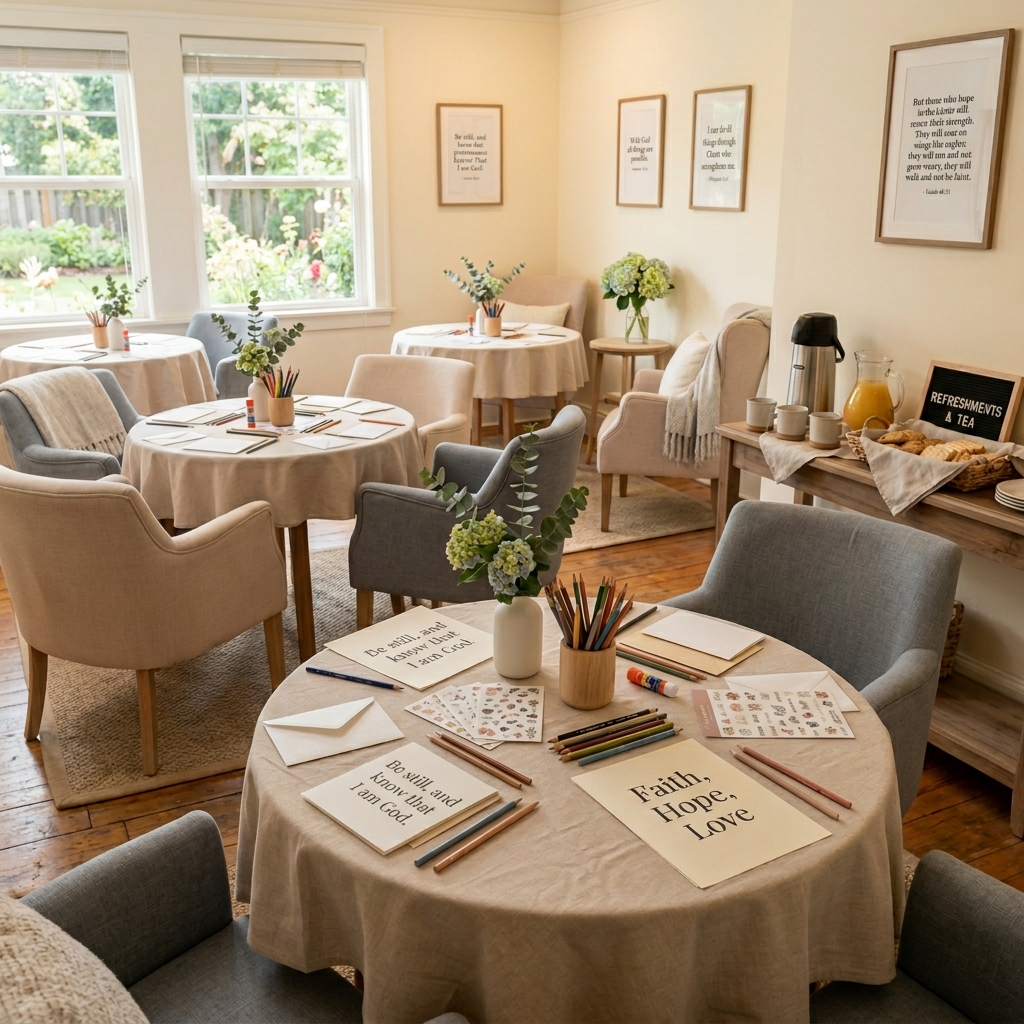 Party-Setup-Atmosphere-scripture-card-making-craft-night-for-seniors.