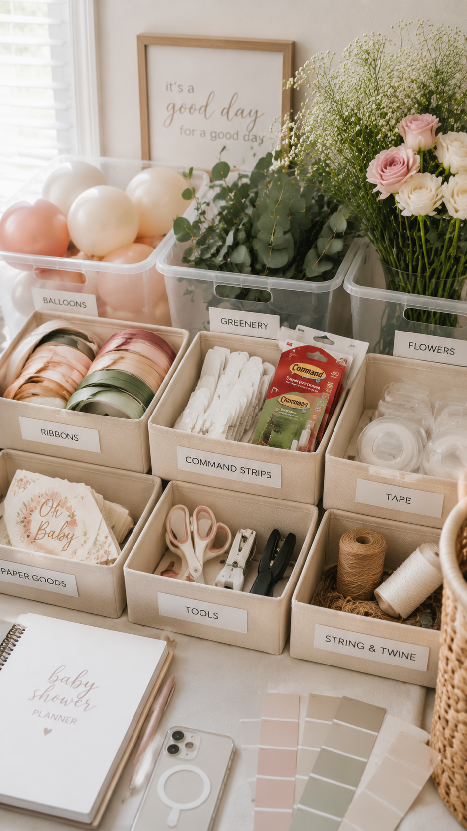 Beautifully organized baby shower setup supplies