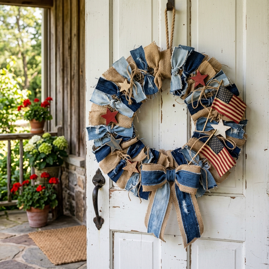 Burlap-Denim-Texture-Wreath-4th-of-july-front-door-DIY