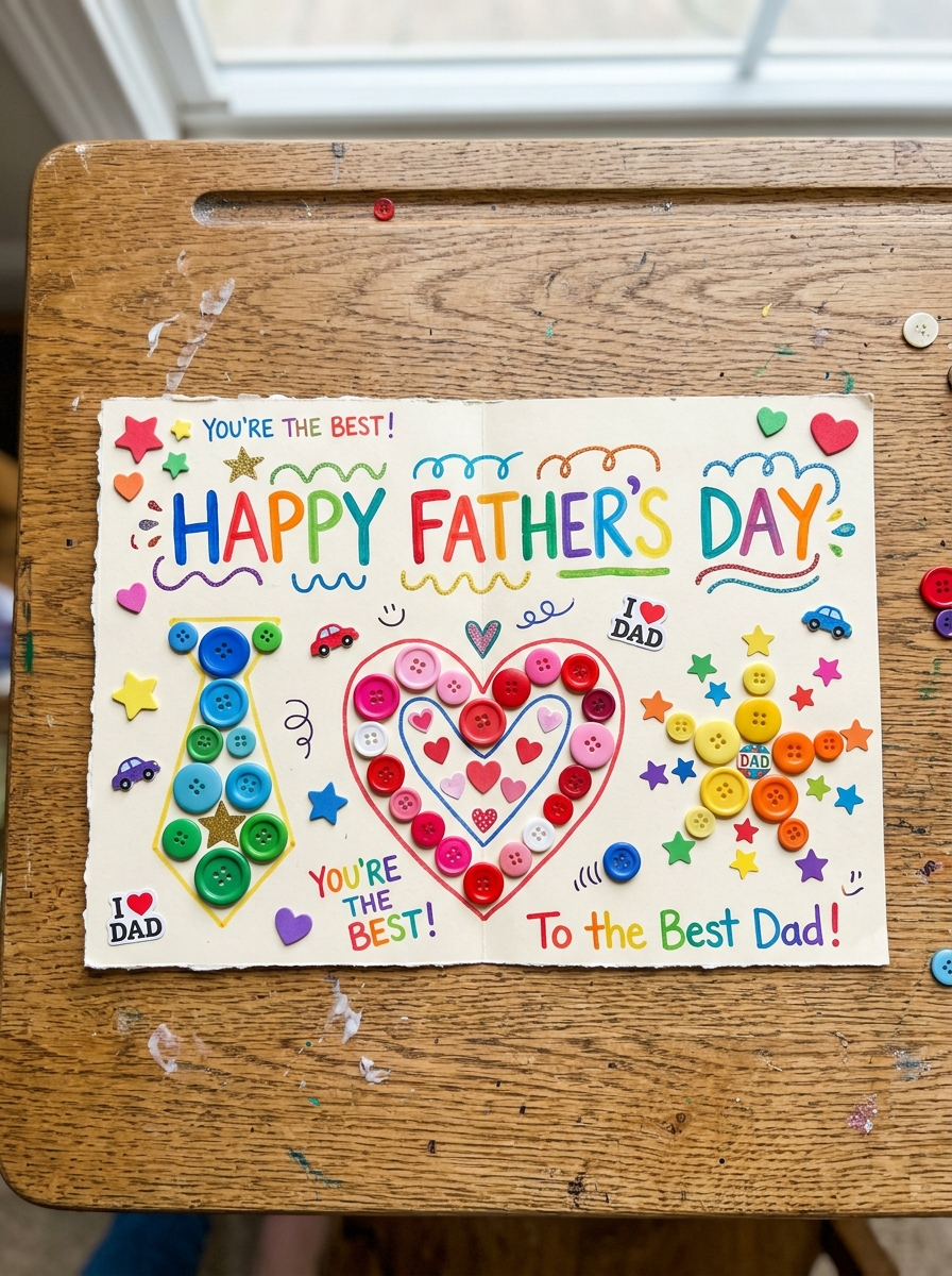 Button-or-Sticker-Collage-Card-Fathers-Day-Crafts-for-Kindergarten-Kids.