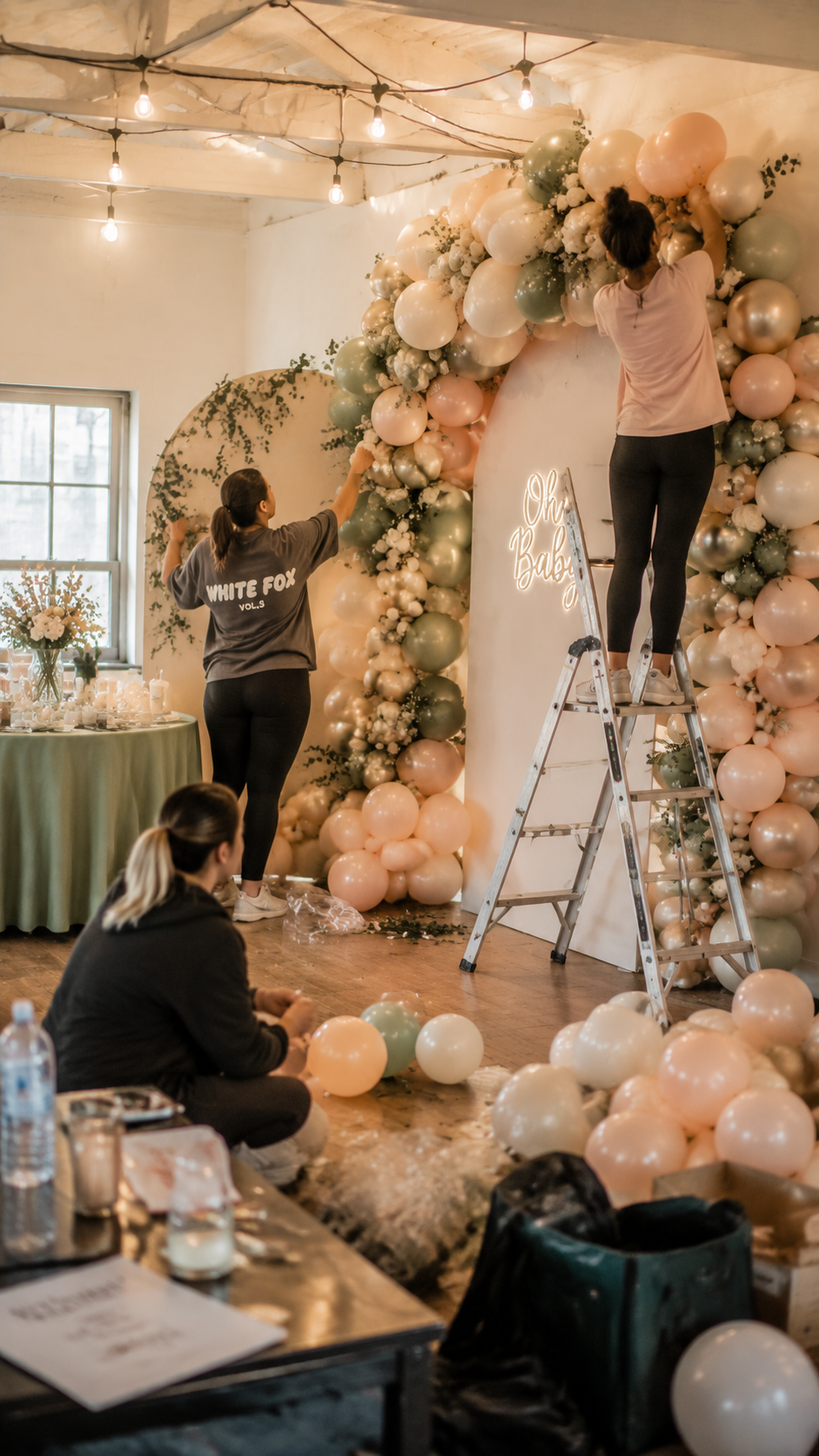Candid realistic scene of women assembling a balloon garland and decorating a baby shower venue
