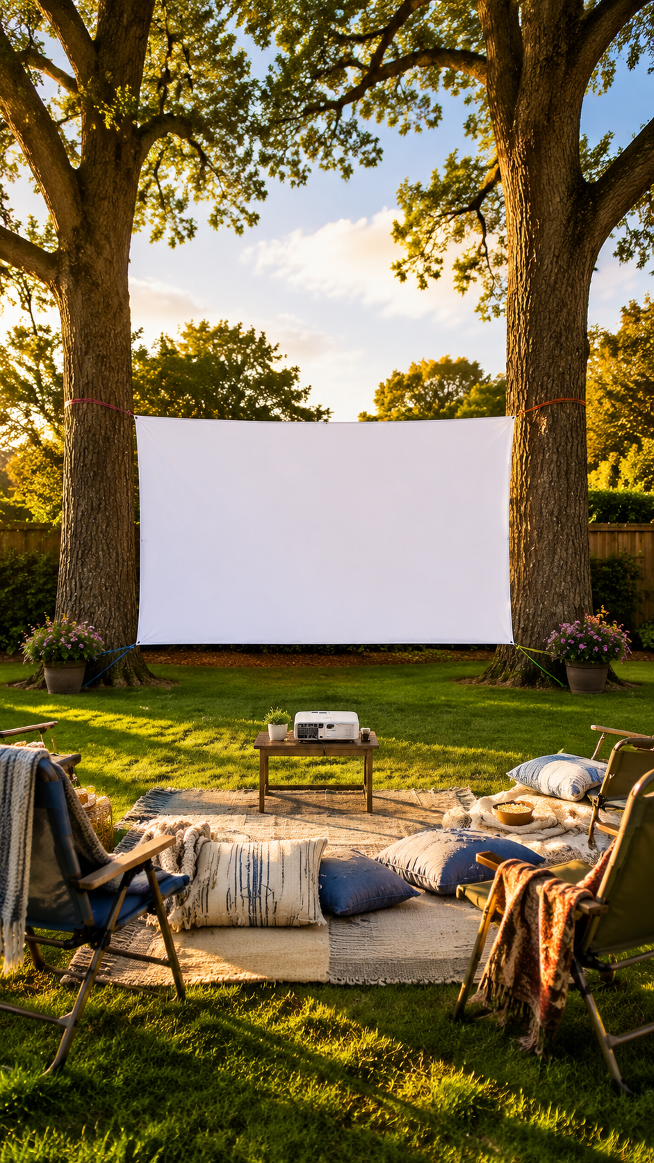 DIY Sheet Screen Between Two Trees backyard movie night setup