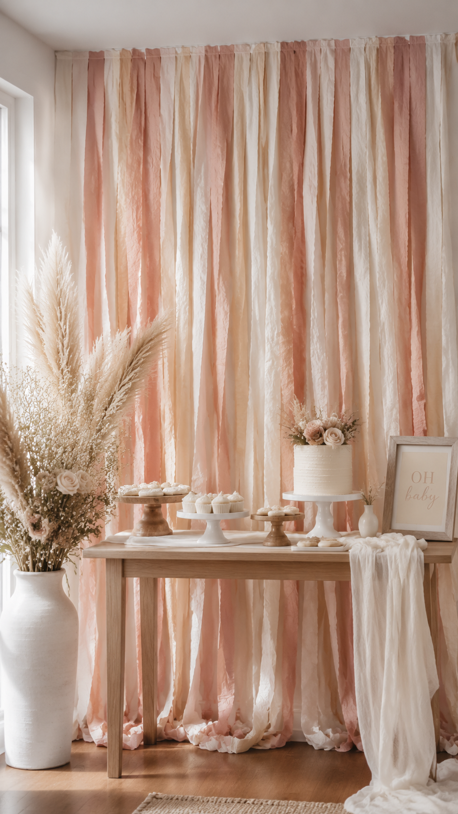 DIY crepe paper streamer backdrop in layered blush pink