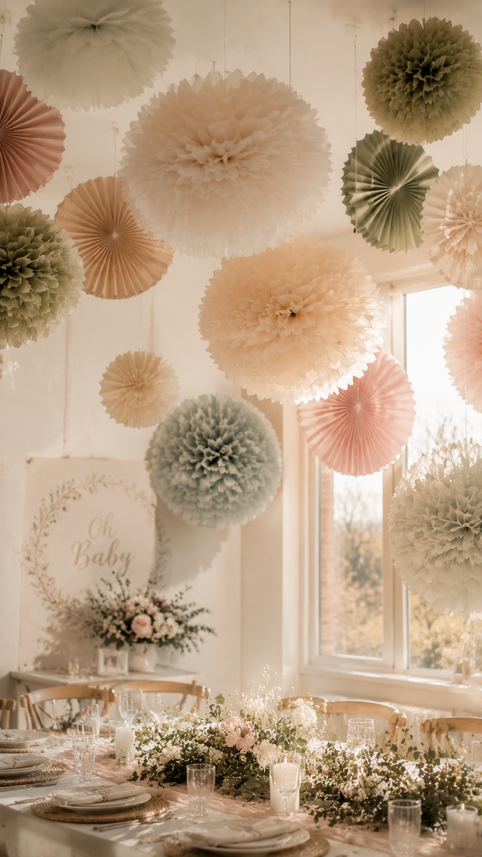 DIY tissue paper fans and pom poms baby shower centerpiece