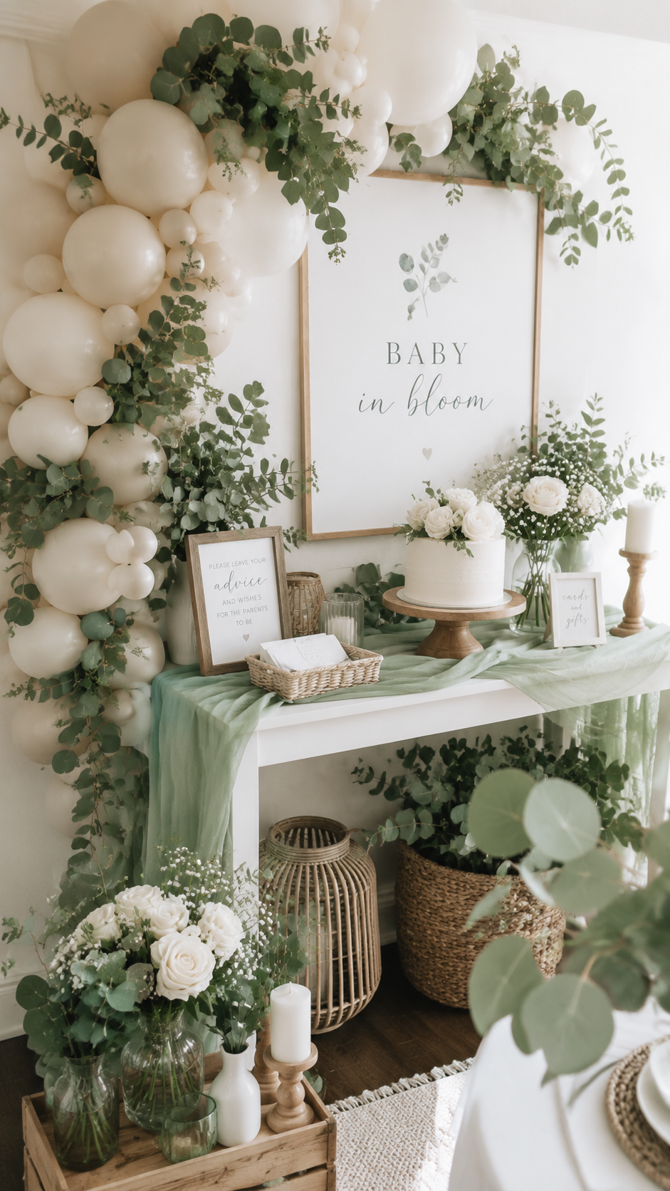 Elegant botanical baby shower corner setup