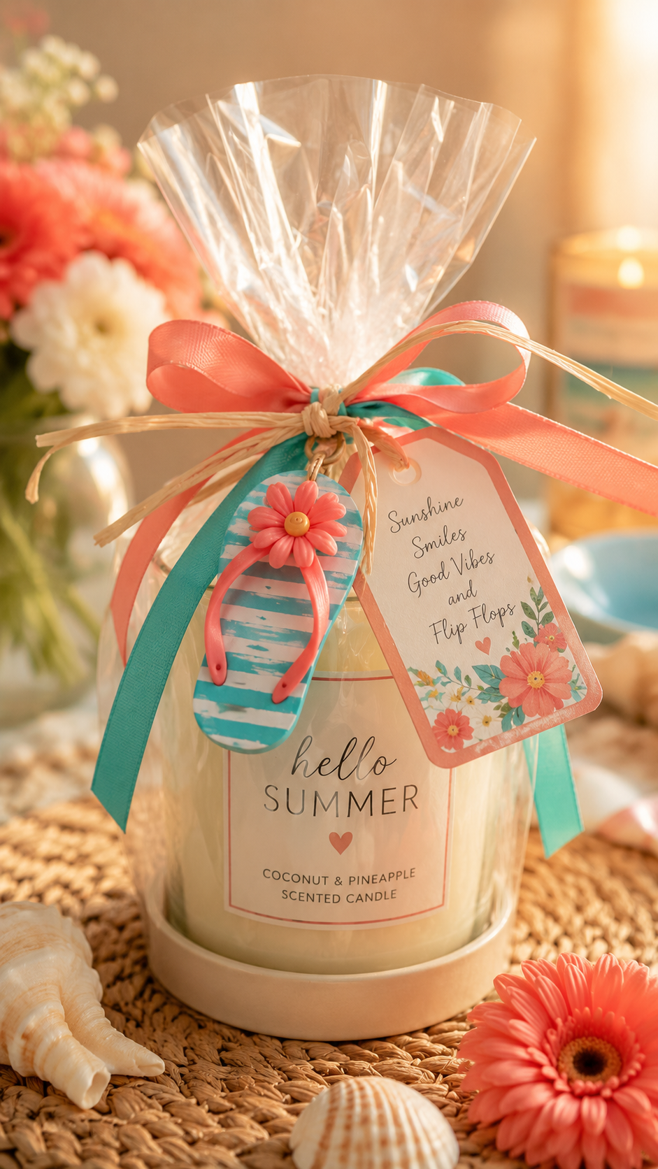 Elegant candle gift wrapped with flip flop themed decorations