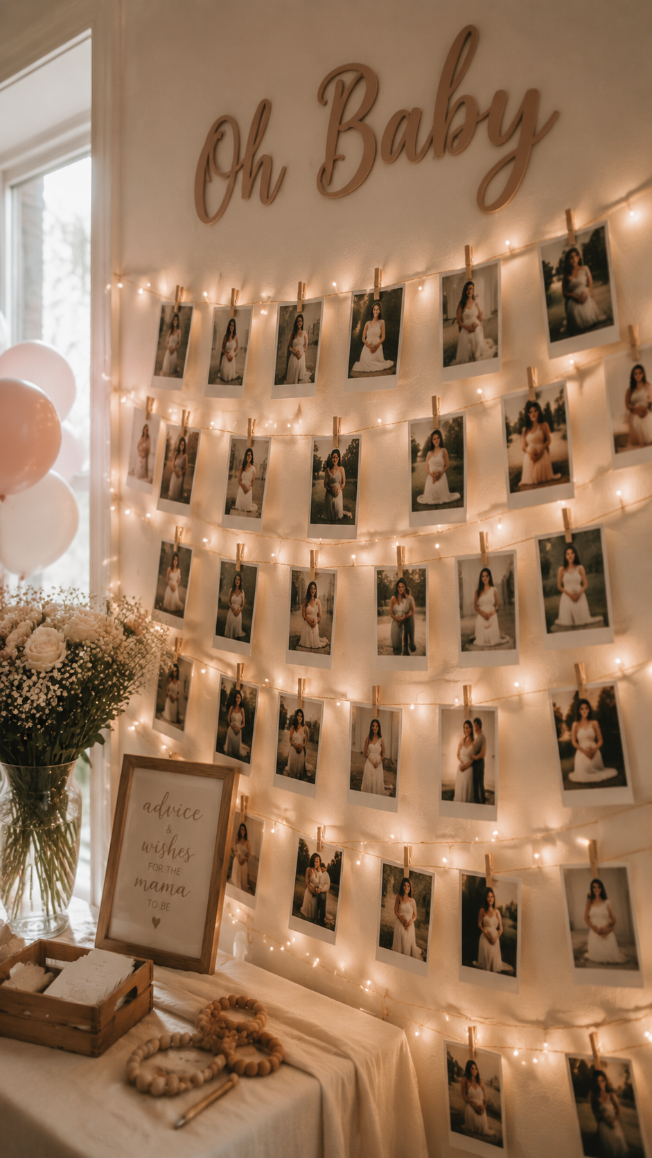 Emotional baby shower photo wall with twine and mini clothespins displaying pregnancy photos