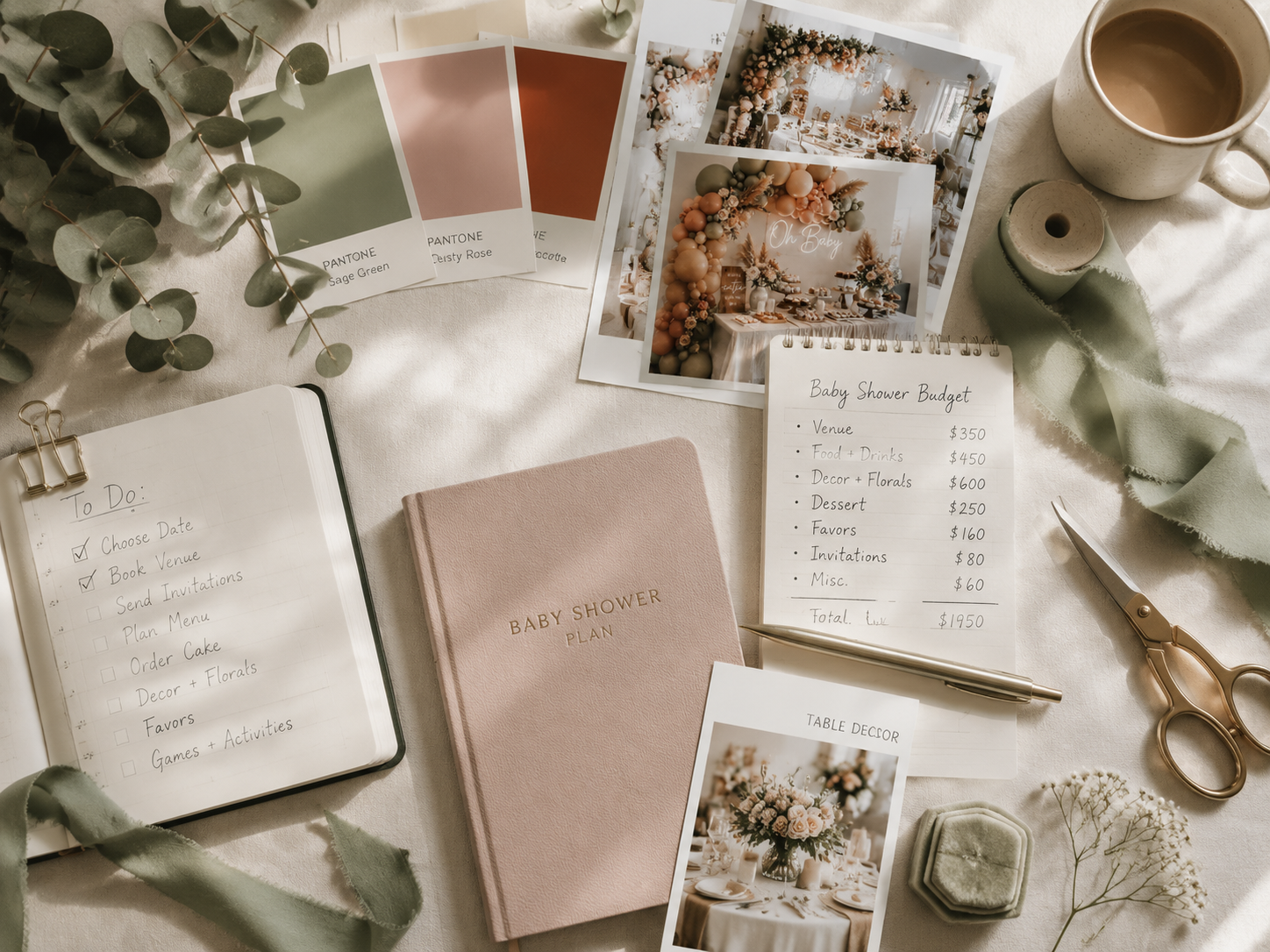 Flat lay of modern baby shower planning materials