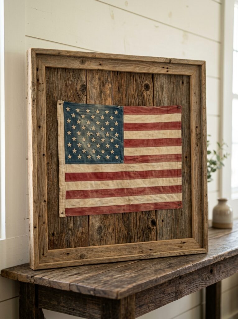 Framed-Vintage-Flag-on-Reclaimed-Wood-Background-4th-of-July-Wood-Craft-Ideas