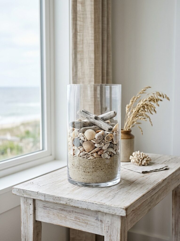 Glass-Vase-Filled-with-Layered-Shell-Composition