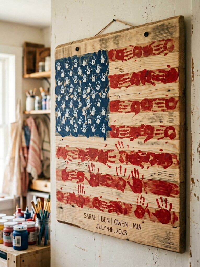 Kids-Handprint-Flag-on-Wood-Canvas-4th-of-July-Wood-Craft-Ideas