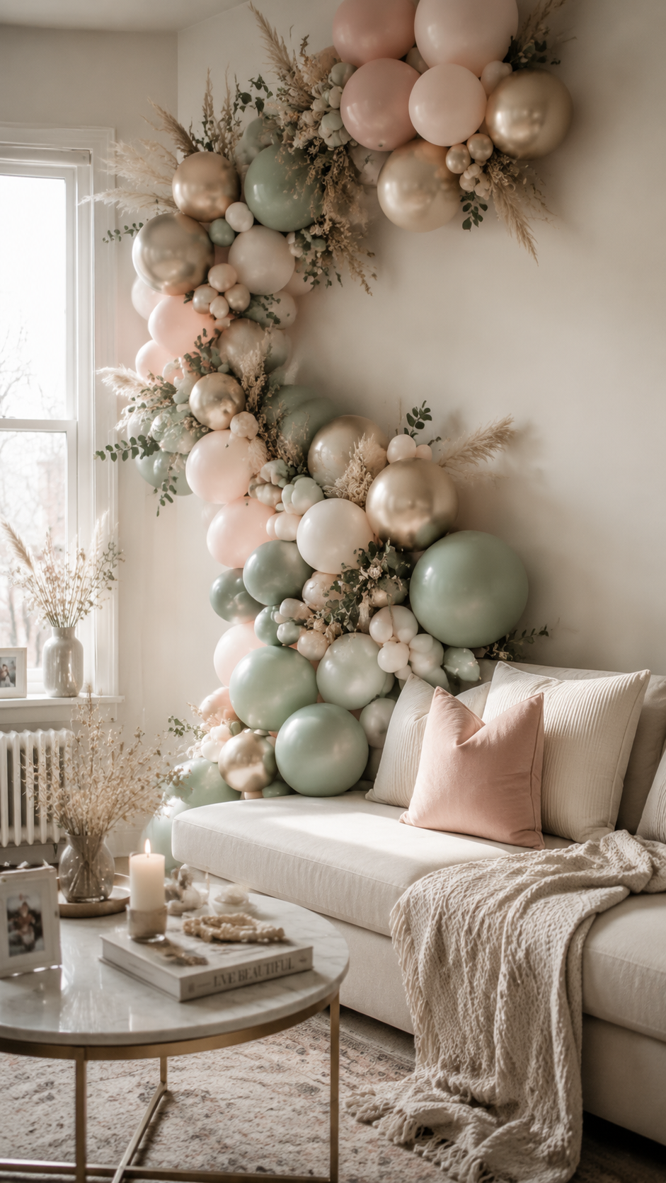 Large organic balloon garland installation climbing across a neutral wall,