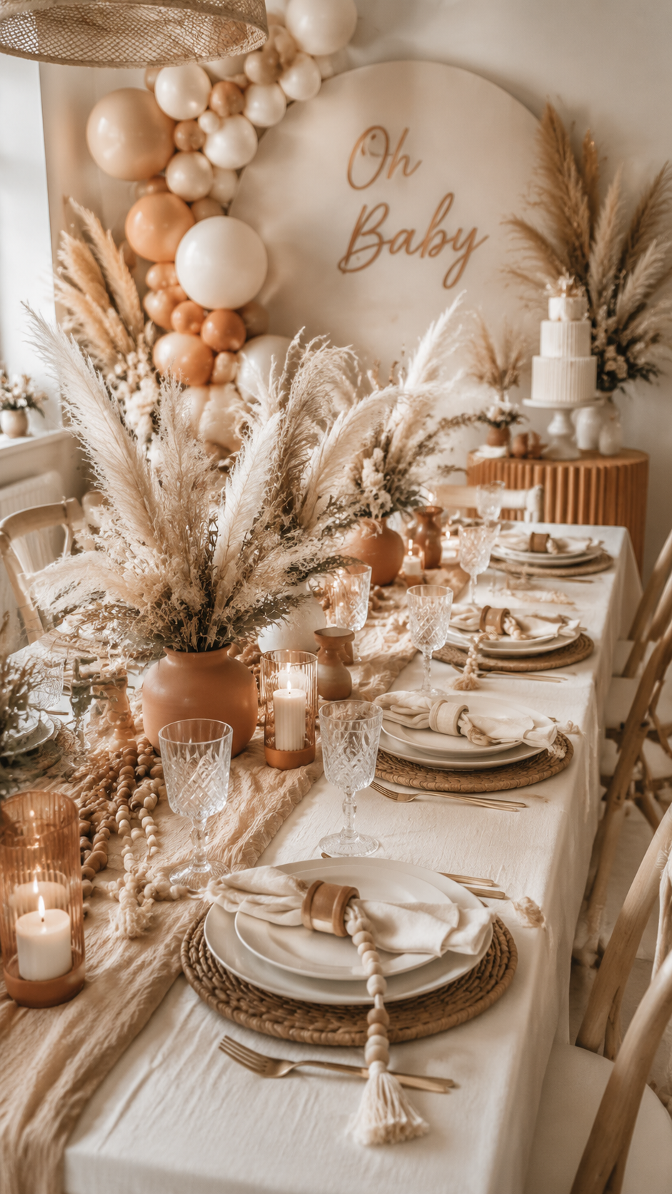 Luxurious boho neutral baby shower tablescape