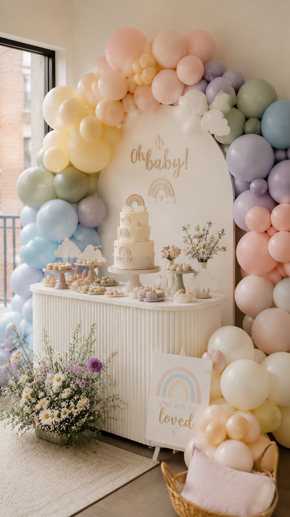 Modern pastel rainbow baby shower setup