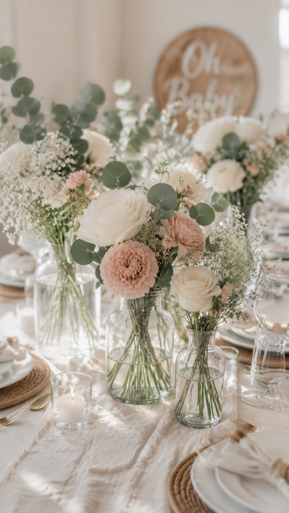 Simple baby shower centerpiece using grocery store flowers