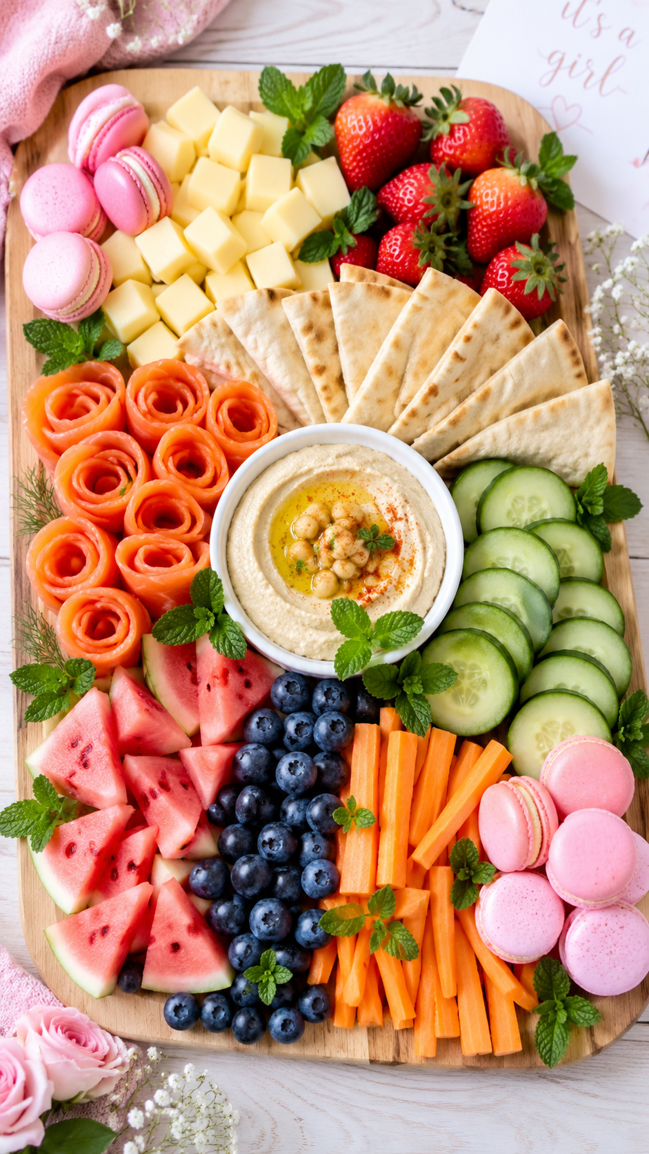 baby-shower-grazing-board-pregnancy-safe-hummus-smoked-salmon-pink