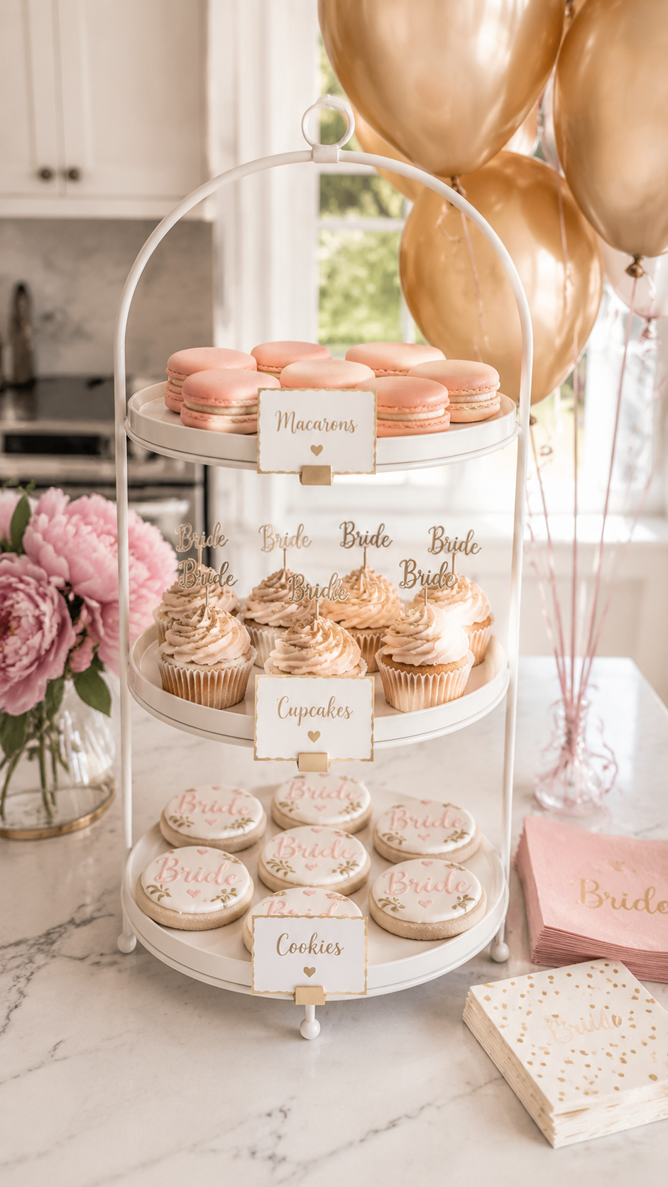 bachelorette-party-dessert-display-tiered-stand-macarons-cupcakes-bride-cookies